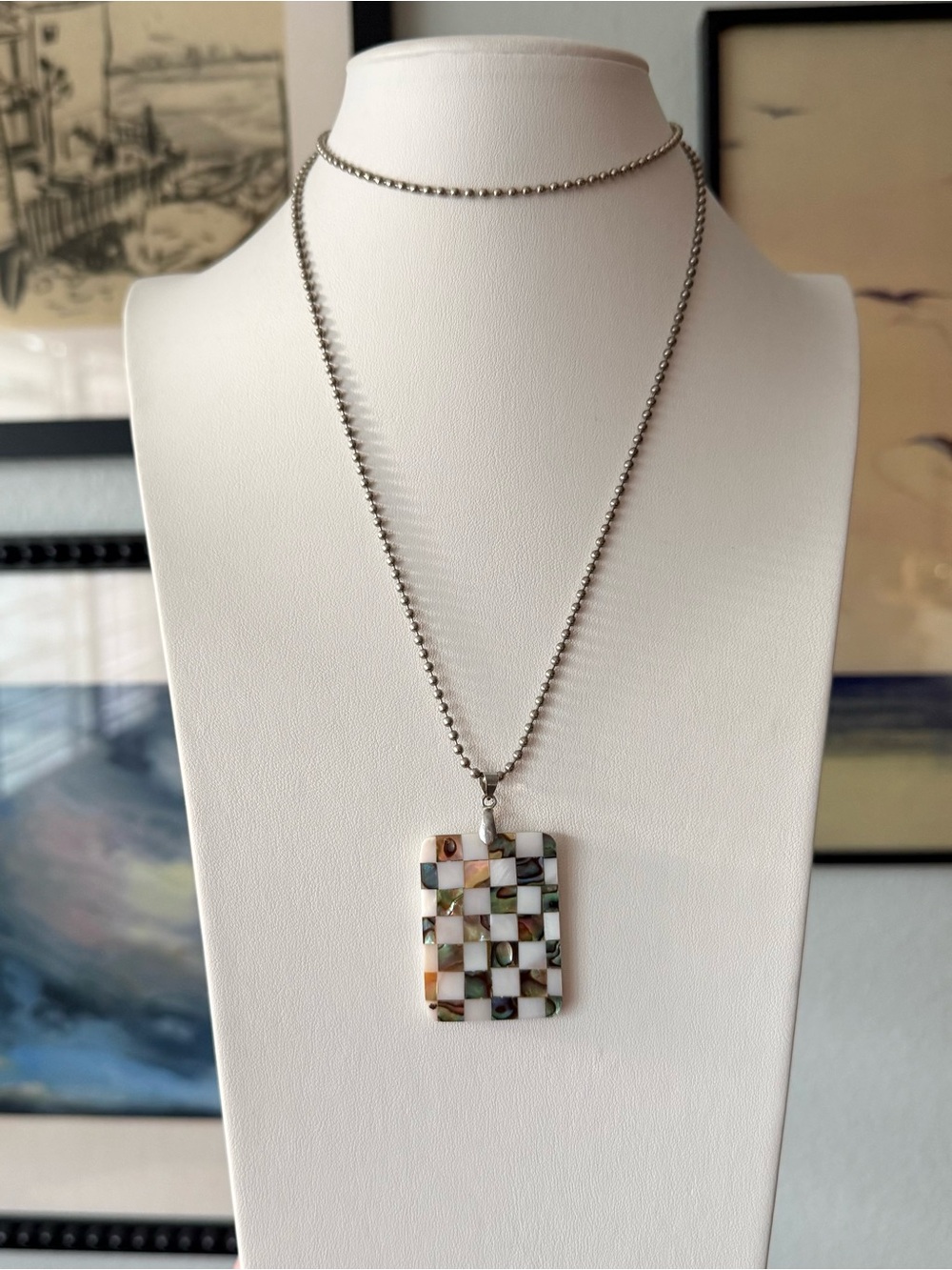 Vintage Mother-of-Pearl Abalone Checkered Pendant Necklace SilverTone Ball Chain